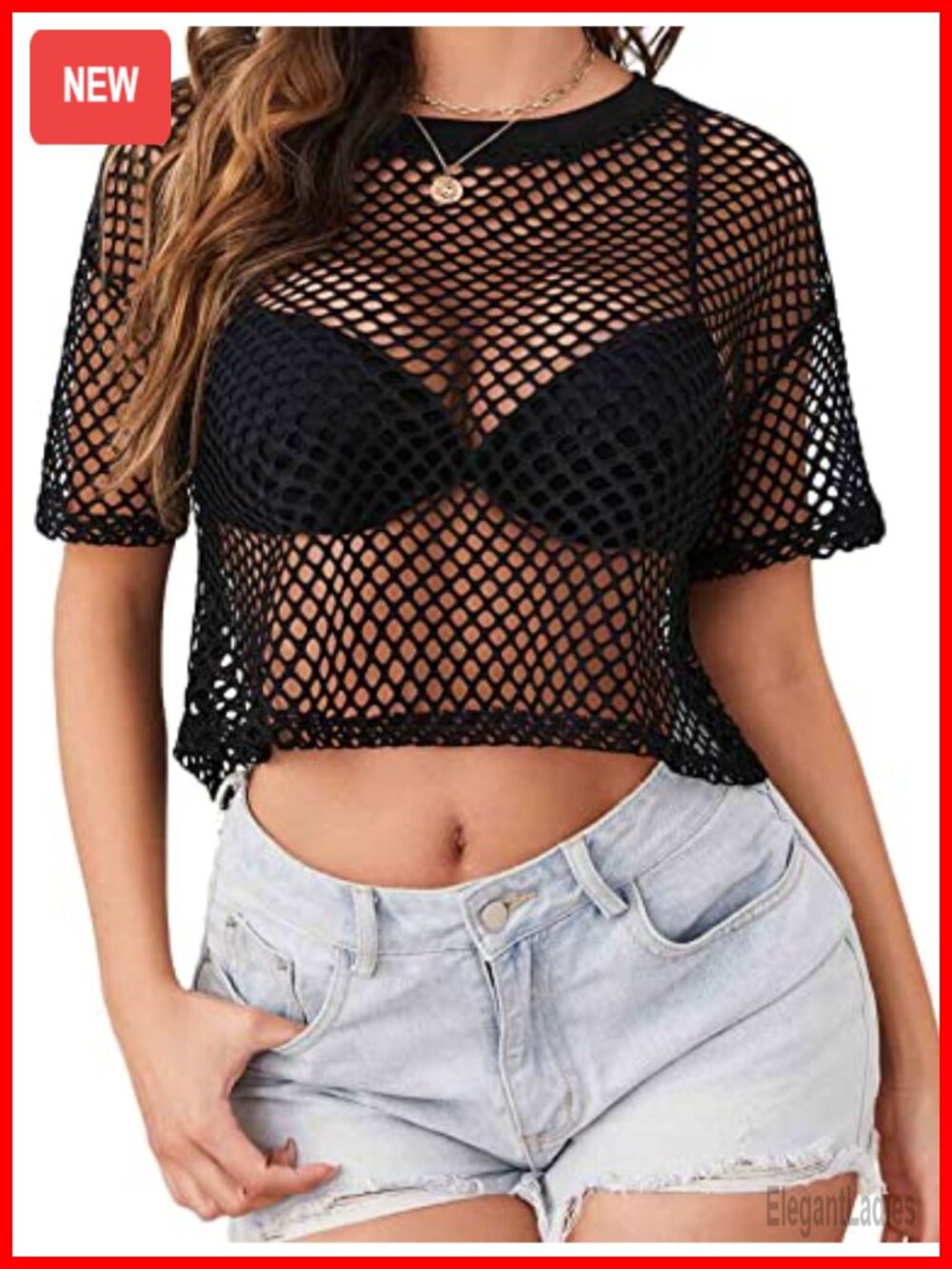 Sheer Fishnet Crop Top Short Sleeve Crew Neck Mesh Tee